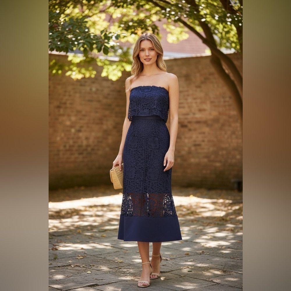 JARLO Elegant Strapless Navy Lace Dress